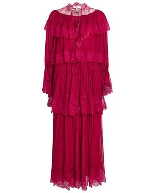 Chloé Ruffled Lace-Trim Tiered Silk Maxi Dress
