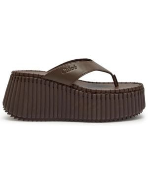 Chloé Nama 80 Leather Wedge Thong Sandals - Brown