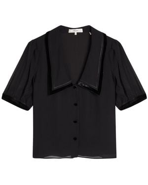 FRAME The Velvet Trim Silk-Chiffon Blouse - Black