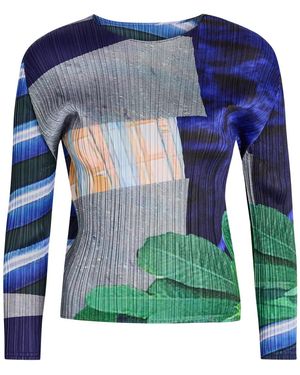 Pleats Please Issey Miyake City University Printed Woven Pleated Top - Blue