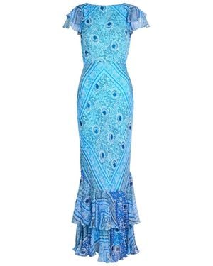 RIXO London Ordinia Patterned Chiffon Maxi Dress - Blue