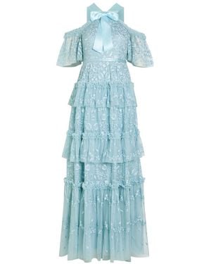Needle & Thread Primrose Floral-Embroidered Tulle Gown - Blue