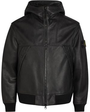 Stone Island Hooded Padded Grained Leather Jacket - Black