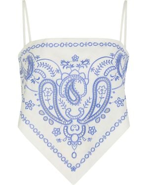 Self-Portrait Embroidered Linen-Blend Bandana Top - Blue