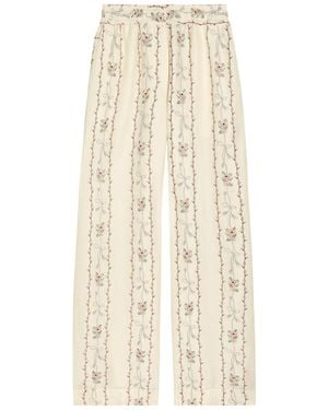 Agua Bendita Tota Floral-Embroidery Wide-Leg Linen Trousers - Natural