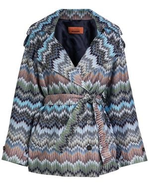 Missoni Zigzag Belted Fine-Knit Trench Jacket - Blue
