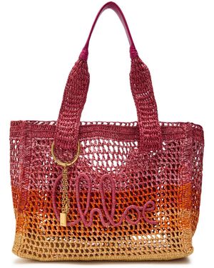 Chloé Summer Banana Logo Raffia Tote - Red