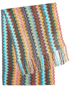 Missoni Zigzag Fringed Fine-Knit Scarf - Blue