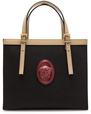 Versace Medium Logo-Appliquéd Leather And Canvas Tote - Black