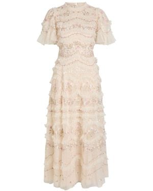Needle & Thread Marina Ruffled Floral Embellished Tulle Gown - Natural