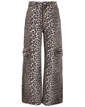 Ganni Leopard-Print Straight-Leg Cargo Jeans - Grey