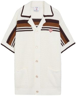 CASABLANCA Logo-Appliquéd Striped Crochet Cotton-Knit Shirt - White