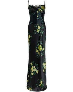 De La Vali Cleodora Corset Floral Satin-Silk Midi Slip Dress - Black