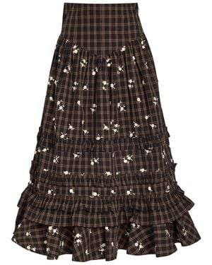 Ganni Checked Floral-Embroidered Cotton-Poplin Midi Skirt - Black