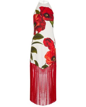 Alice + Olivia Mallory Floral-Print Fringed Linen-Blend Midi Dress - Red