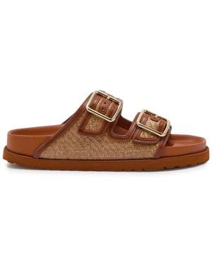 Birkenstock Arizona Framed 1774 Raffia And Leather Sliders - Brown