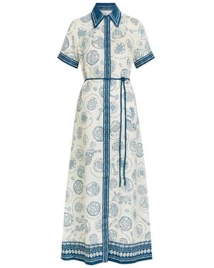 ALÉMAIS Lucky Printed Linen Midi Shirt Dress - Blue