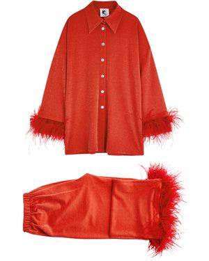 Sleeper Cosmos Feather-Trimmed Metallic Jersey Pyjama Set - Red