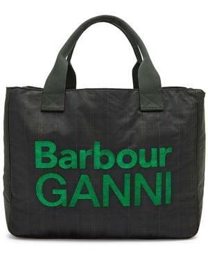 BARBOUR X GANNI X Ganni Logo-Embroidered Tartan Waxed Canvas Tote - Black