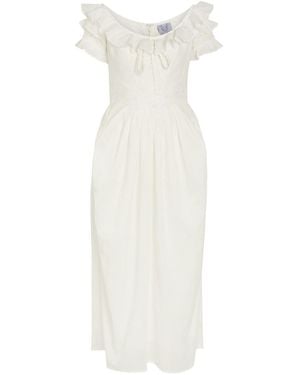 Thierry Colson Falbala Embroidered Cotton Midi Dress - White