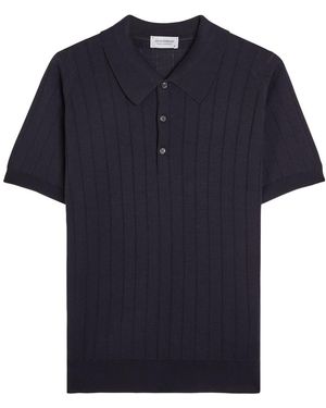 John Smedley Willia Striped Wool And Cotton-Blend Polo Shirt - Blue