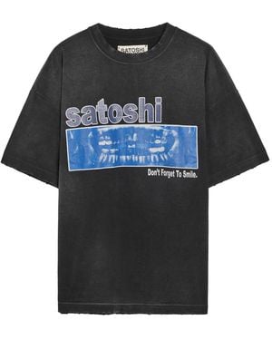 Satoshi Nakamoto Don'T Forget To Smile Printed Distressed Cotton T-Shirt - Black