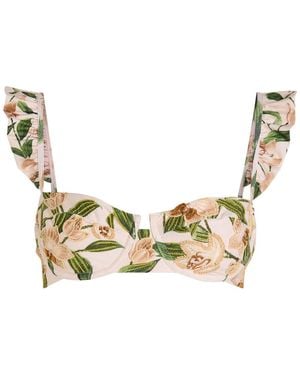 Agua Bendita Kiwi Orquidea Floral-Embroidered Bikini Top - Natural