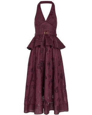 Self-Portrait Floral-Embroidered Belted Linen And Cotton-Blend Midi Dress - Purple