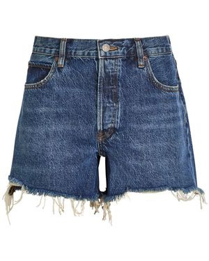 FRAME The Long Hang Frayed Denim Shorts - Blue