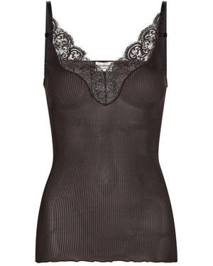 Saint Laurent Lace-Trim Ribbed Silk Tank Top - Black