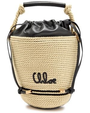 Chloé Logo-Embroidered Leather And Raffia Bucket Bag - Multicolour