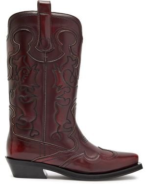 Ganni Embroidered Faux Leather Mid-Calf Western Boots - Brown