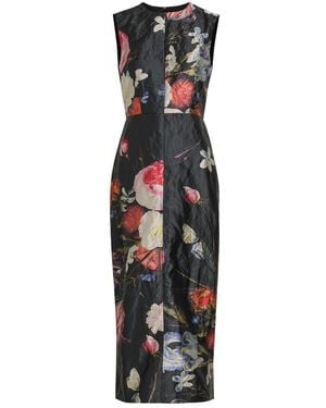 Erdem Floral-Print Crinkled Satin Midi Cocktail Dress - Black