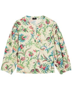 Etro Floral-Print Cotton-Poplin Top - Green