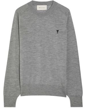 Ami Paris Logo-Embroidered Wool Jumper - Grey