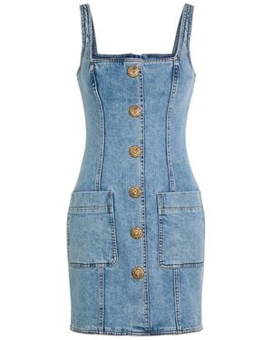 Balmain Button-Embellished Stretch-Denim Mini Dress - Blue