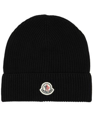 Moncler Logo Ribbed Cotton Beanie - Black