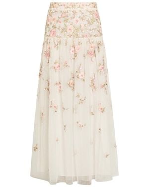 Needle & Thread Eden Rose Floral-Embroidered Tulle Midi Skirt - Natural