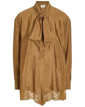 Saint Laurent Lace-Trim Brushed Satin Playsuit - Brown