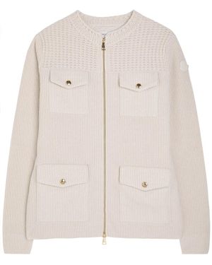 Moncler Logo Ribbed Wool And Shell Cardigan - Natural