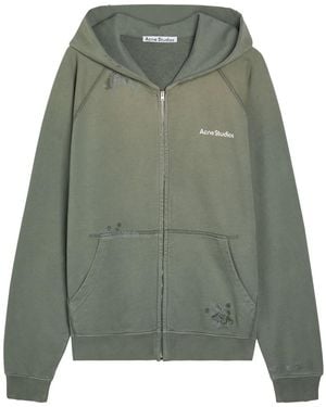 Acne Studios Logo Hooded Zip-Through Cotton Sweatshirt - Grey