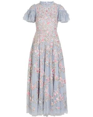 Needle & Thread Lunaria Floral-Embroidered Ruffled Tulle Gown - White