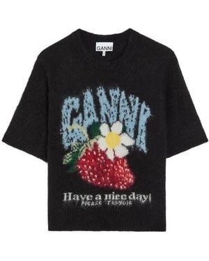 Ganni Intarsia Brushed Alpaca-Blend T-Shirt - Black