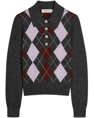 Self-Portrait Argyle Wool Polo Top - Black