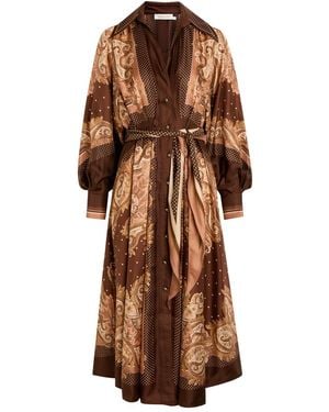 Zimmermann Luna Printed Belted Silk Midi Shirt Dress - Brown
