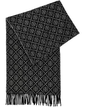 Tory Burch Logo-Monogrammed Wool-Blend Scarf - Black