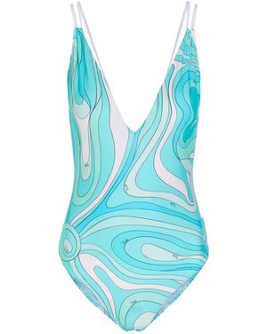 PUCCI Printed Plunge V-Neck Swimsuit - Blue