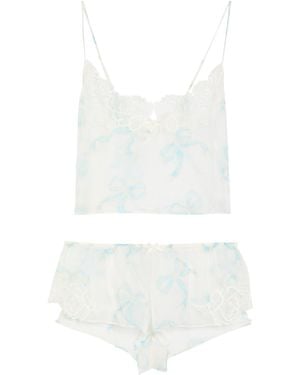 Skims Romance Sheer Bow-Print Silk Pajama Set - White