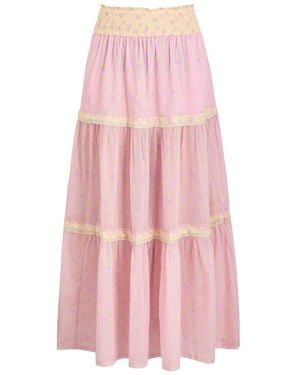 LoveShackFancy Phia Floral-Print Tiered Cotton Maxi Skirt - Pink