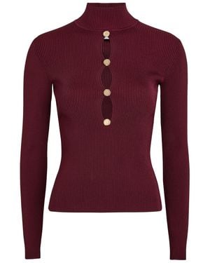 Self-Portrait Keyhole Ribbed Stretch-Knit Top - Red